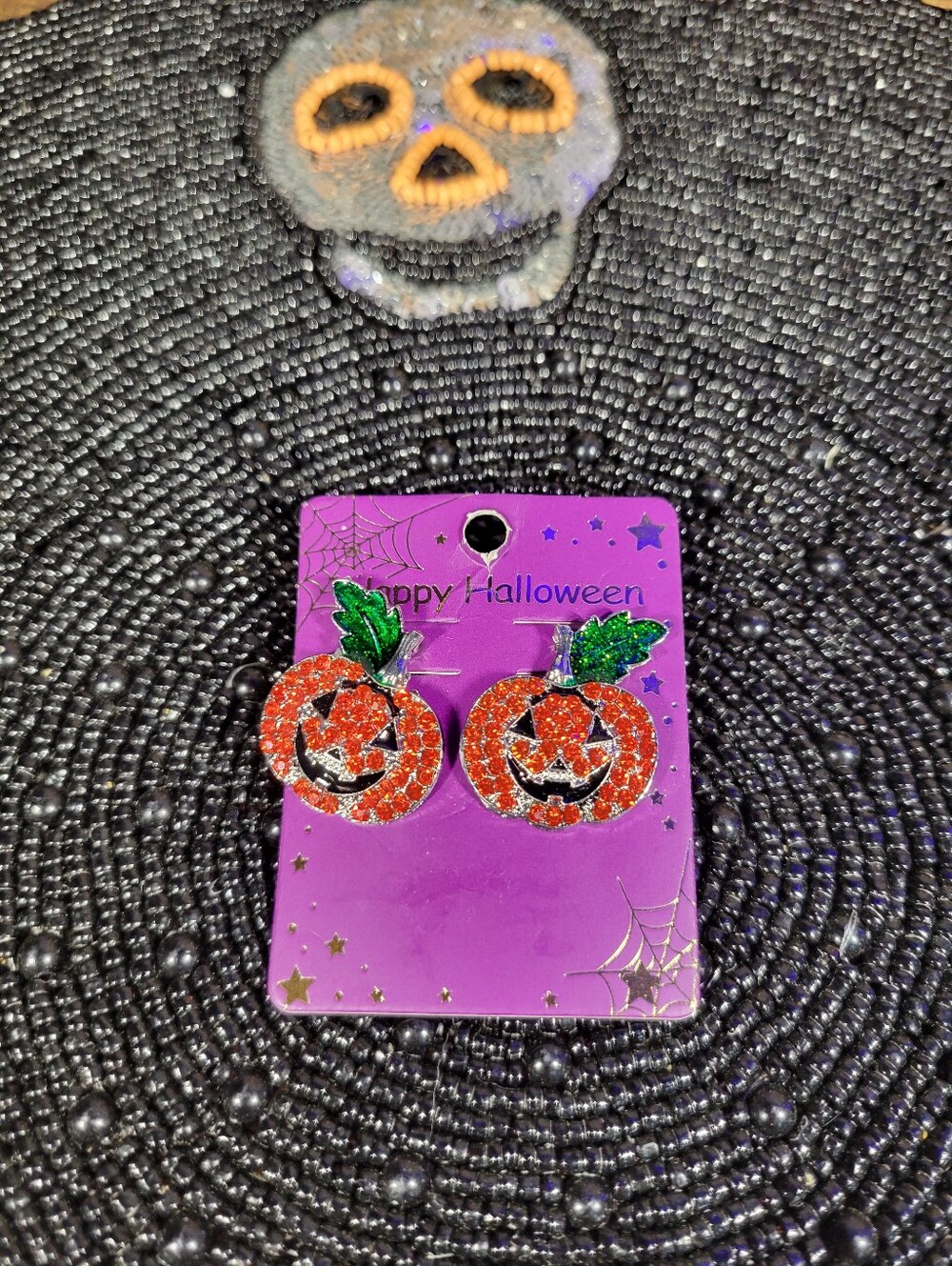 Halloween Pumpkin crystal pave Stud Earrings - Orange & Green